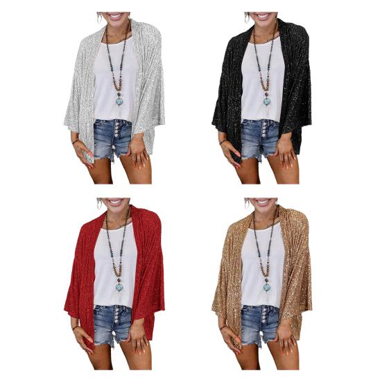 Women Sequin Coat Long Sleeve Open Front Solid Color Jacket Solid Color Spring Autumn Mid-length Cardigan