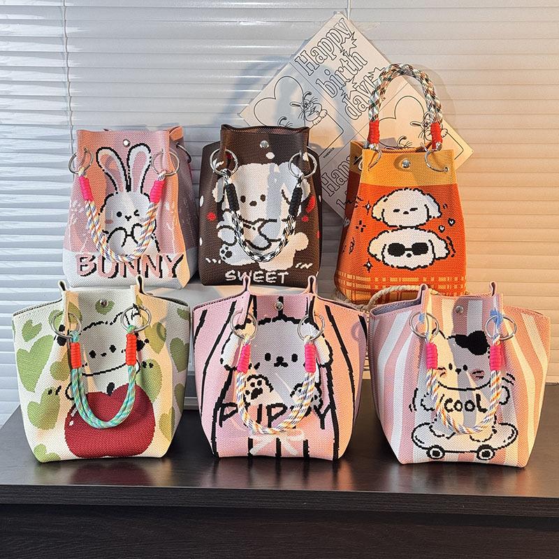 Cute Cartoon Knitted Bucket Bag For Women Girls  Versatile Large Capacity Portable Handbag Tote Small Square Bag Gift