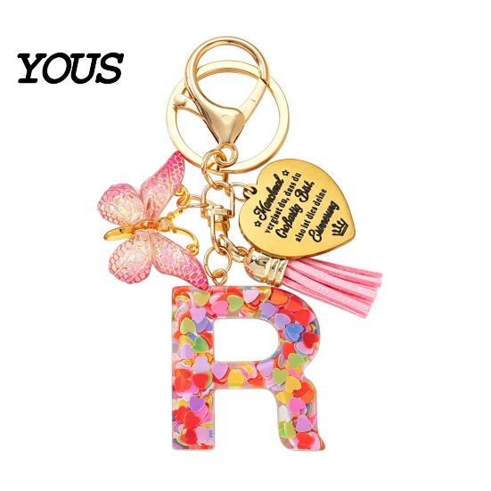 Keychain Pendant Pendant, Sequins Initial Letter Charm Key Chain with Butterfly Tassel Stainless Durable Steel Heart Design, A-Z Holder for Bag