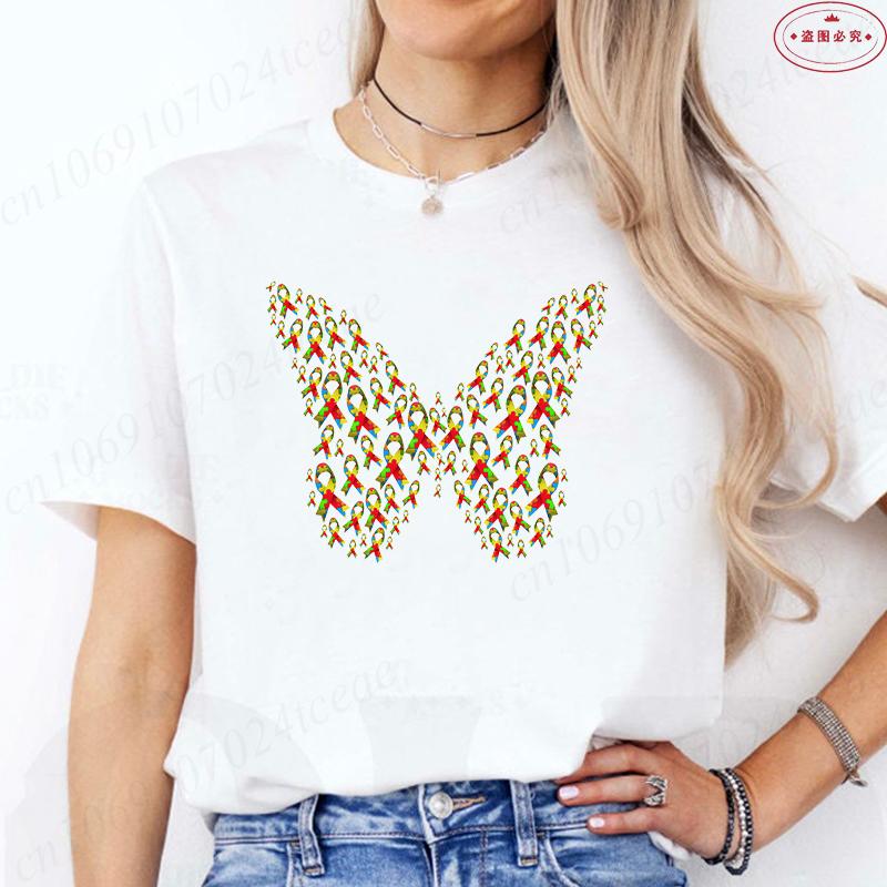 Fashion Butterfly Puzzle Piece T-shirt for Women Graphic Tees Shirt Aesthetic Clothing Summer Autism Awareness Month Y2k Tops