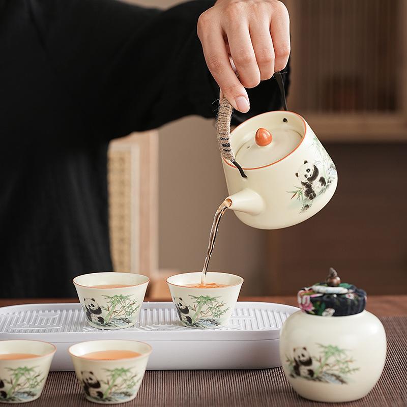 Panda Ru Kiln Camping Kung Fu Tea Set Small Set Storage Bag Anti-scalding Ceramic Teacup Portable Small Tea Set