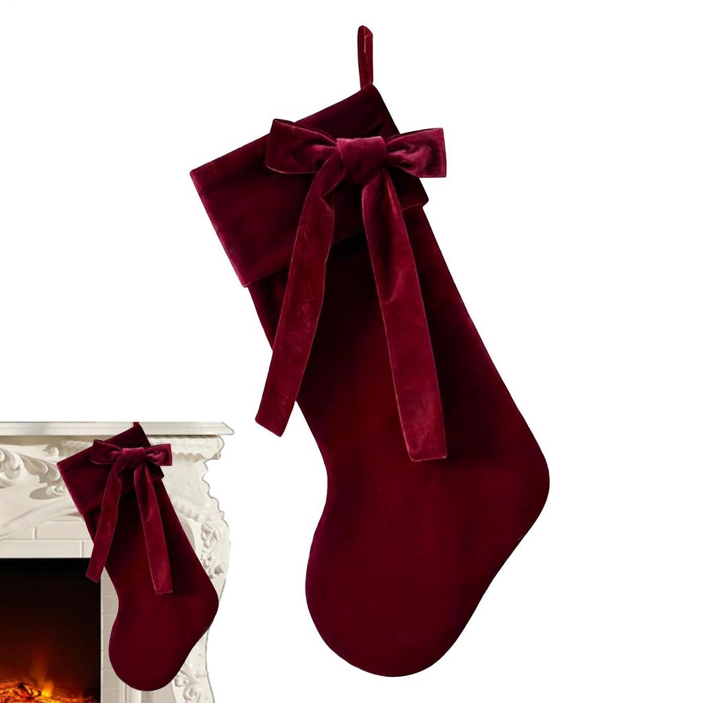 Red/Green Velvet Christmas Stocking Xmas Eve Mantel Decor Stocking Velvet Bow Stockings Candy Gift Bag Christmas Tree Stockings