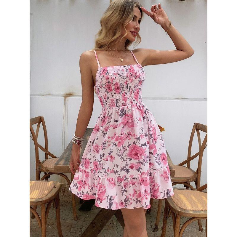 Sling Dress Fashion Style Sweet Small off-Neck Silm Printing a Words Lotus Leaf Skirt Female Dress