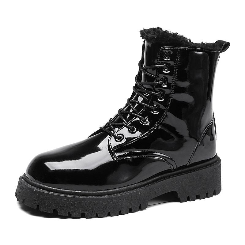 Martin Boots High-top British Style Glossy Leather Mid-top Leather Shoes Boots Winter Thick-soled Velvet Thermal Cotton Shoes