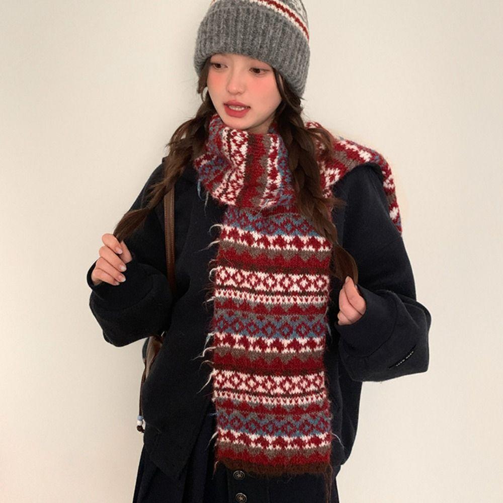 Wool Jacquard Knitted Scarf Printed Winter Wool Neckerchief Sweet Fair Isle Style Scarf  Autumn