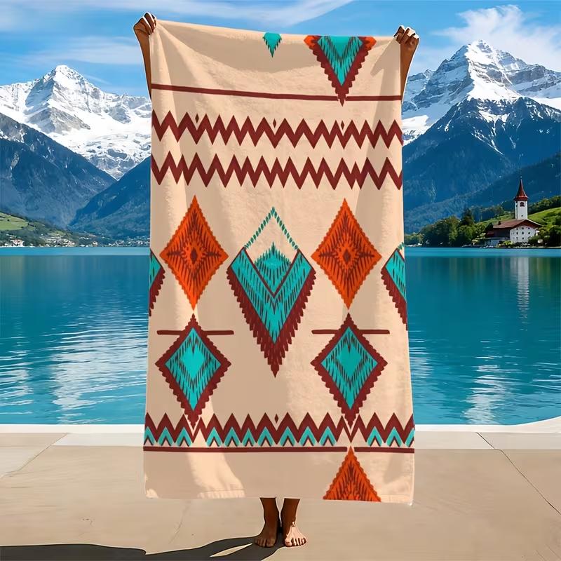 Ethnic Style Geometric Lines Print Beach Towel Boho Line Illustration Print Quick Dry Sandproof Absorbent Towel for Summer Beach