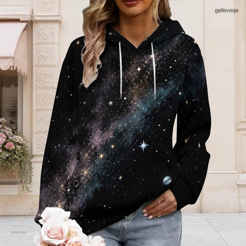 Women Long Sleeve Drawstring Hood Kangaroo Pocket Pullover Printed Hoodie