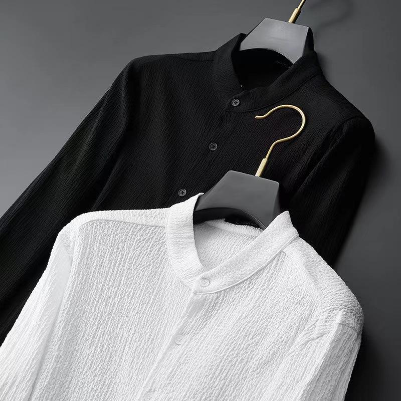 Casual Lightweight Suit For Men Spring/Summer New Bubble Gauze Striped Pleated Stand-Up Collar Men'S Shirt