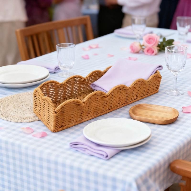 Rectangular Plastic Basket Decorative Rattan Weave Pattern Functional Storage For Home Decoration Practical Container