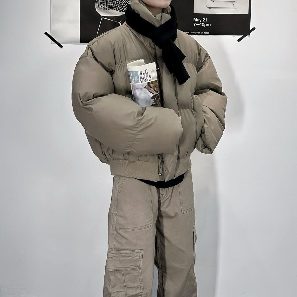 Men's and Women's Vintage PU Leather Puffer Jacket Short Quilted Coat American Retro Stand Collar Unisex Couple Outerwear