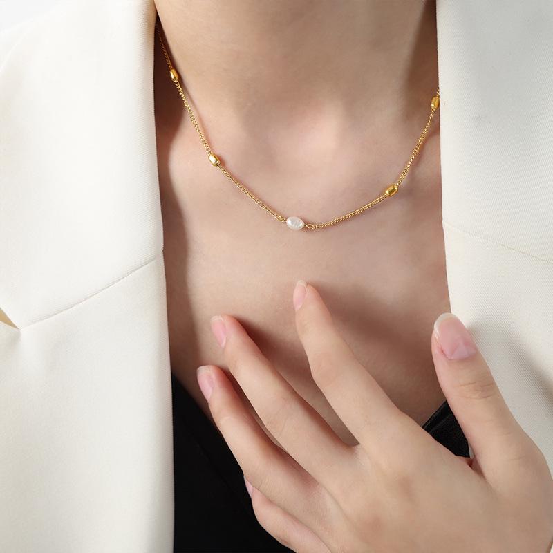 Exquisite Temperament 18k Gold Bead Chain Pearl Necklace with Titanium Steel Side Clip