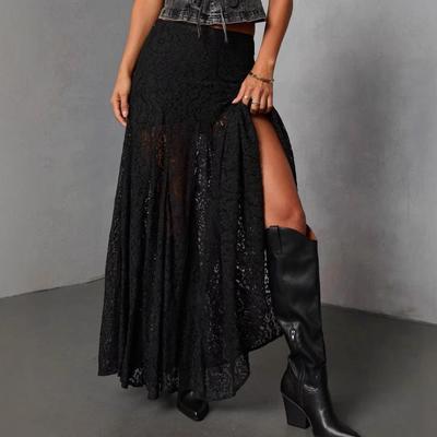 Retro Black Lace See-through Ankle-length Skirt - Mid-waist Summer Fashion for Women