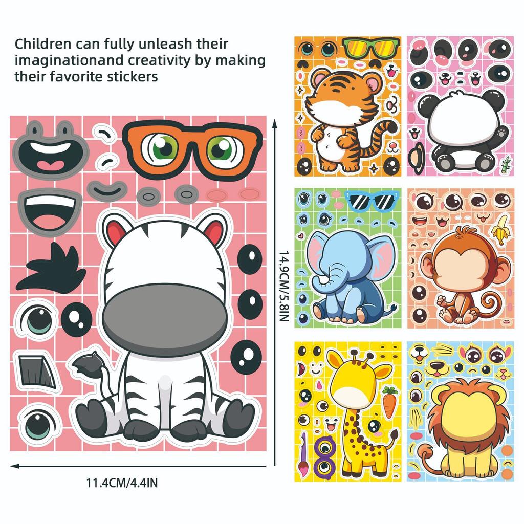 8Sheets/Set Cartoon Animal Puzzle Stickers - DIY Make-a-Face Fun Game with Tiger Lion Panda Elephant Giraffe Kids Sticker Toy