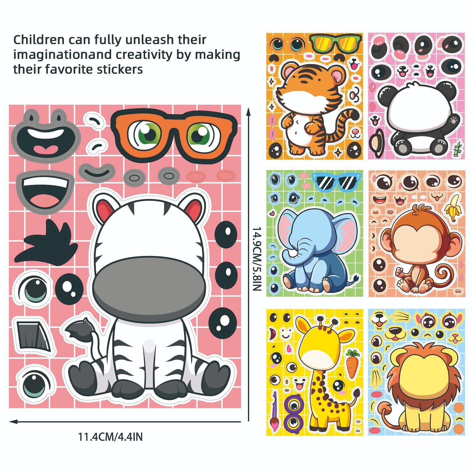 

Non-Toxic 8 Sheets Cartoon Animal Puzzle Stickers Set - Make A Face Decals For Kids Stationery Notebook Phone & Laptop Decoration