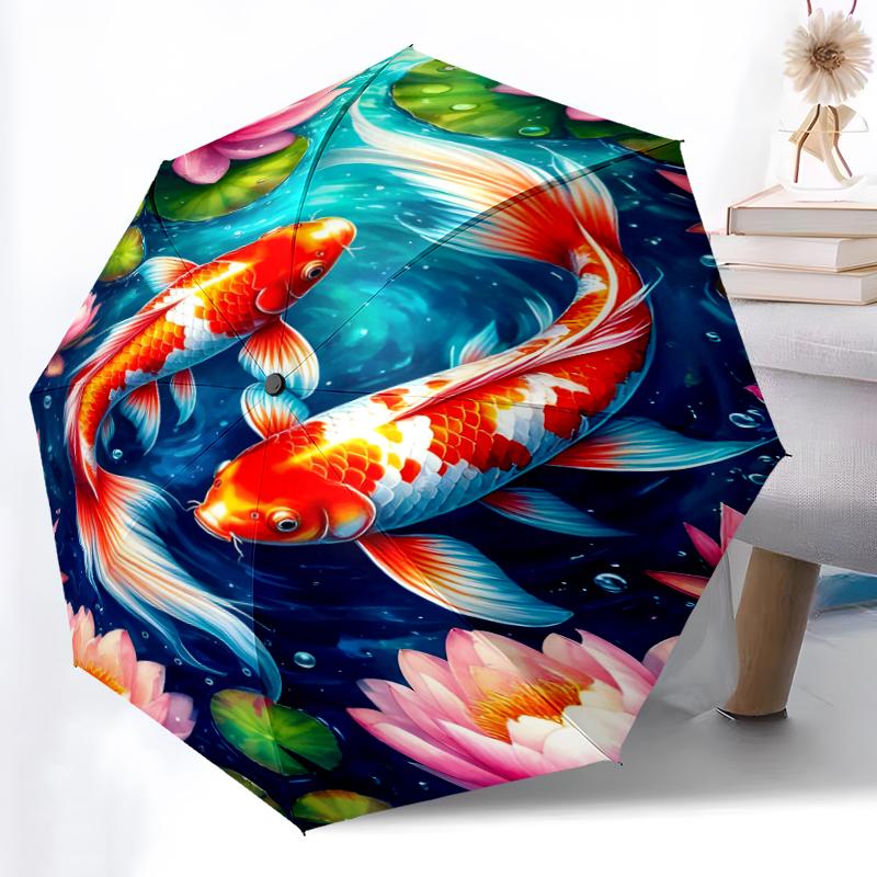 1pc Sturdy 8-Bone Auto Umbrella, Koi Fish 1 Umbrella, Digital Printed, Foldable Umbrella for On-the-Go Outdoor Use