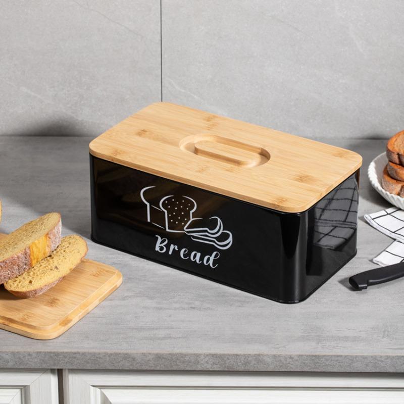Einfache leichte schwarze Brotbox belüftet und atmungsaktiv Frischhaltendes Metall-Aufbewahrungsbehälter Küche rechteckig Bambusdeckel Brotbox