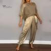 Set di 2 pantaloni da donna in raso con maniche a tre quarti in raso o collo con lacci in vita tinta unita morbido traspirante tasche casual camicetta ampia pantaloni set