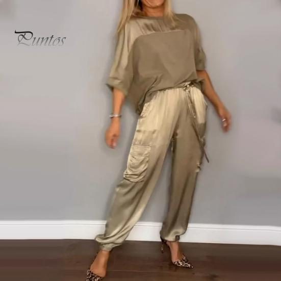 Set di 2 pantaloni da donna in raso con maniche a tre quarti in raso o collo con lacci in vita tinta unita morbido traspirante tasche casual camicetta ampia pantaloni set