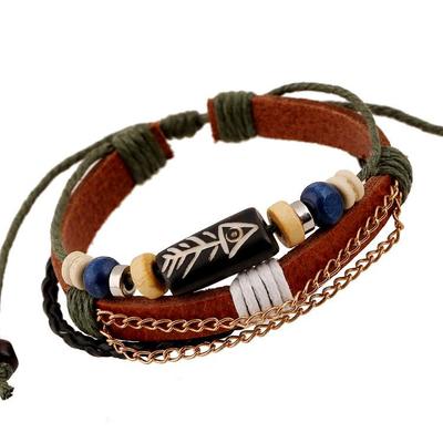 Vintage Beaded Fish Bone Cowhide Bracelet Adjustable Student Couple Bracelet Multi Layered Handmade Bracelet