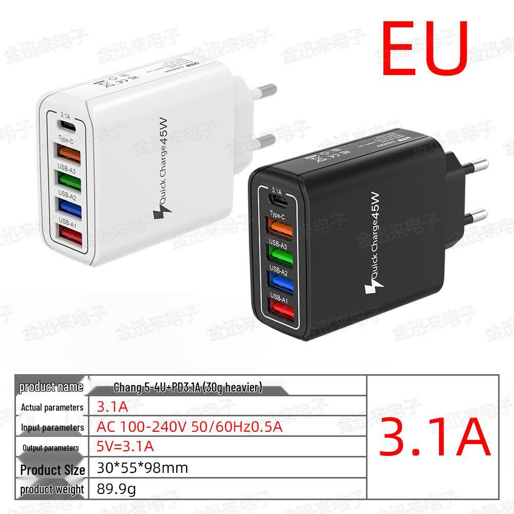 EU Standard Multi-Functional Charger: 4A+1C Ports, 3.1A, 45W Type-C Power Supply