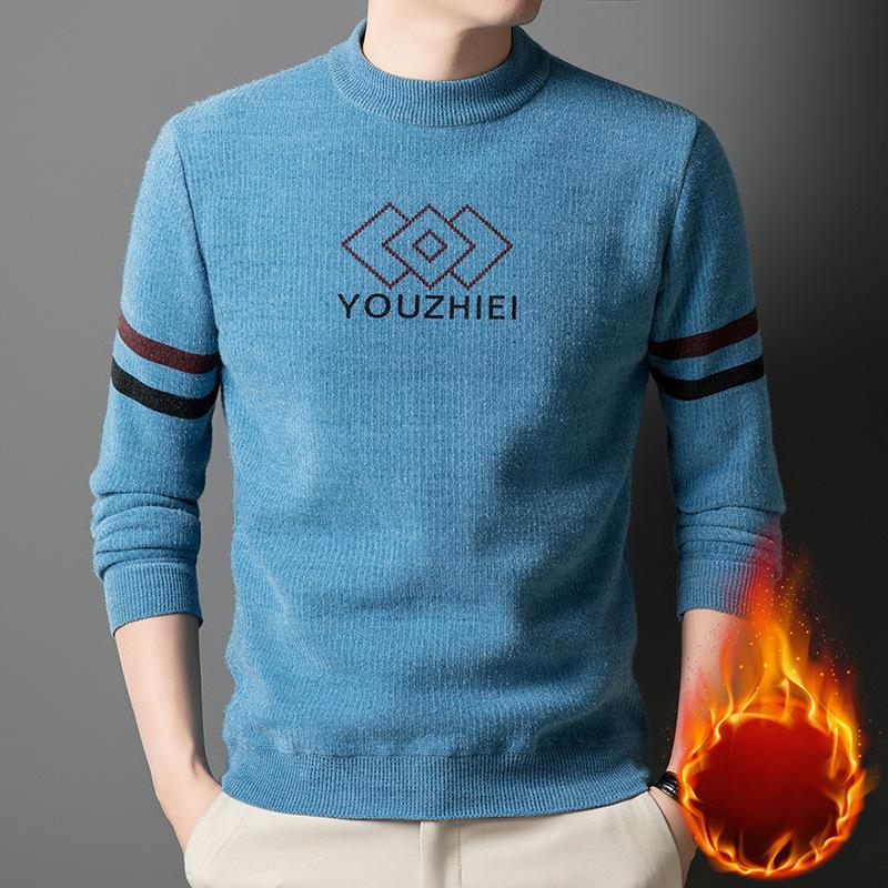 

Зимний полосатый свитер с круглым вырезом для мужчин - повседневный свитер средней эластичности с длинными рукавами и отделкой в рубчик, теплый свитер стандартного кроя 3XL синий