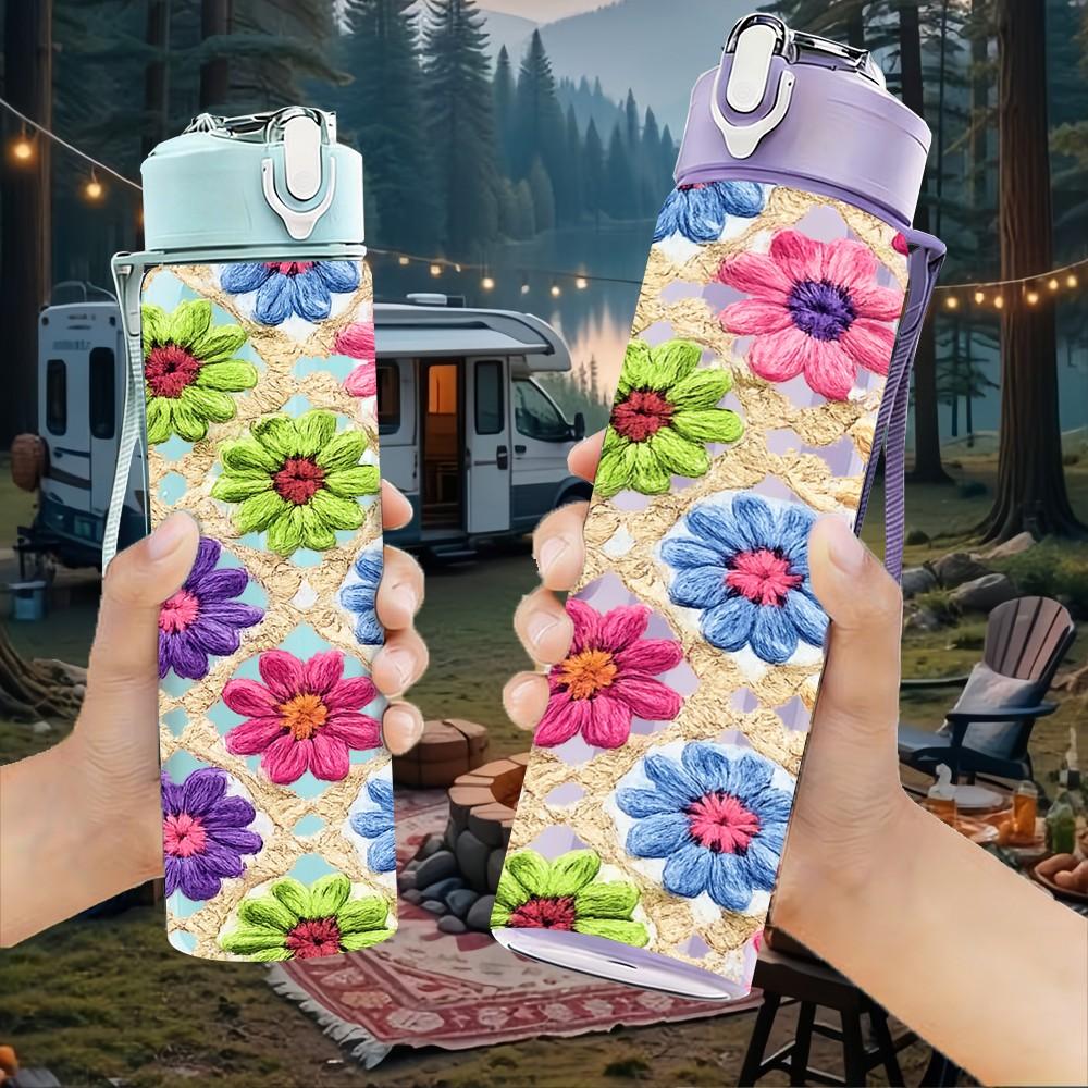 1PC Vibrant Multi Floral 750ml Color Plastic Sports Water Bottle Leakproof Flip Straw Lid Suitable for Sports Office Home Use
