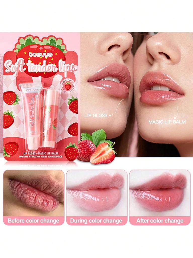 2 PCS/Box Strawberry Warming Lip Balm (Including Lip Balm And Lip Oil),Softness Glossy Lips,Deeply M