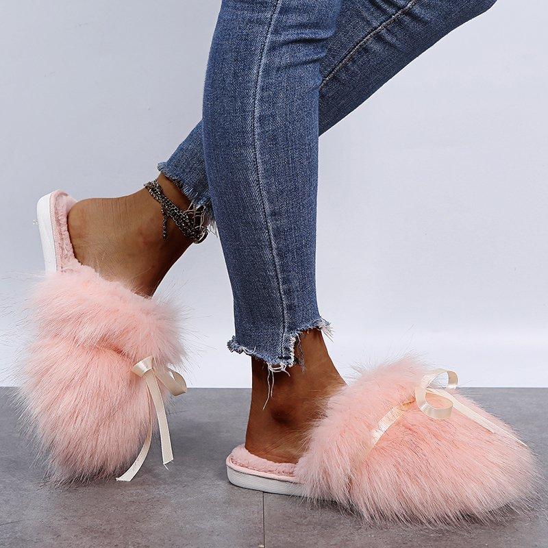 Sweet Bowknot Mix Color Faux Fur Slides Women 2025 Autumn Warm Short Plush Outdoor Slippers Soft Sole Cotton Mules Slippers