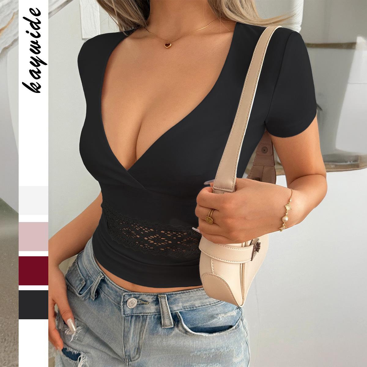 

Women s Spring and Summer Sexy Lace Splicing Short-sleeved T-shirt XL бордовий