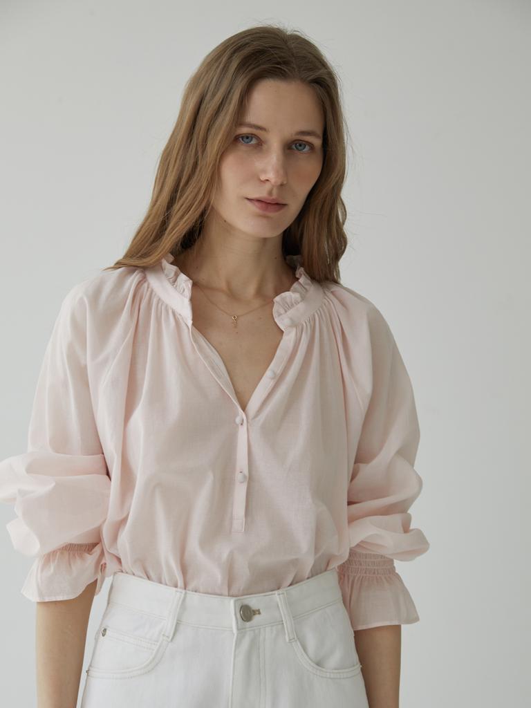 MOMET Vin Smoke Frill Blouse Pink