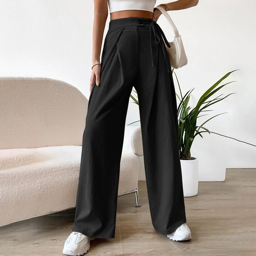 High Waisted Women's Button Up Straight Leg Pants Casual Color Wide Leg Pants