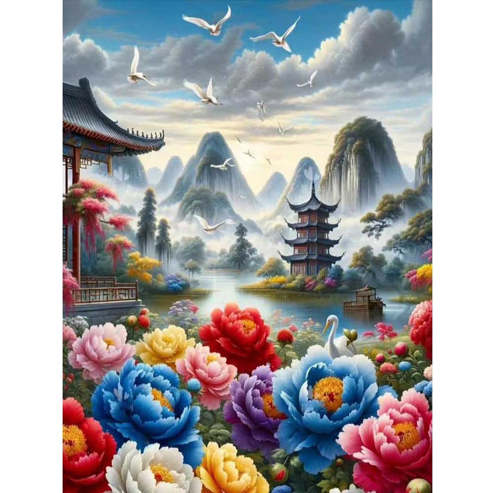 DIY Diamond Painting Cross Stitch Kit Peony Flowers and Pavilions Full Square Diamond Mosaic New Collection 2024 Home Decor Gift