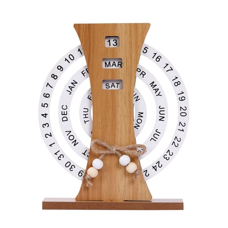 

Wood Permanent Calendar Handcrafts Moon Shape Desk Decors with Adjustable Date and Week Display for Home and Office