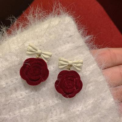 Autumn Winter Vintage Temperament Bow Japanese Korean Niche Red Flocking Rose Earrings Jewelry Gift