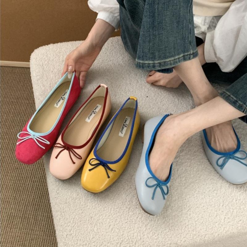Fashion Sweet Round Toe Bow Brand Ballet Flats Women Fashion Patchwork Design Mary Jane Shoes Comfort Shallow Soft Bottom Casual Shoes