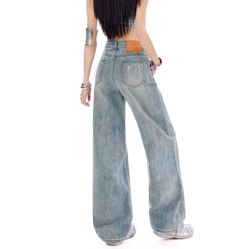 High-Waisted Rhinestone Wide-Leg Jeans for Women – Spring Loose, Drapey, Slimming, Floor-Length Versatile Pants