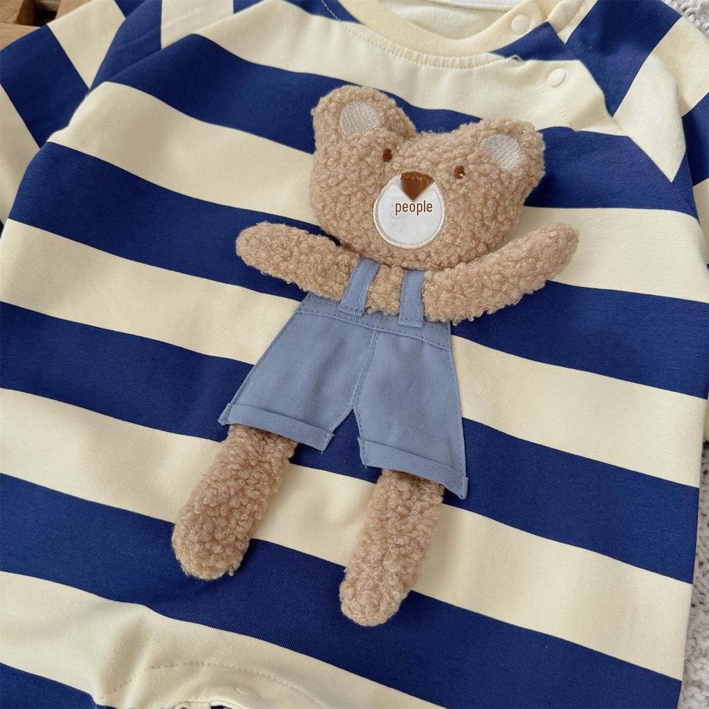 Levinjia Baby Strampler mit Streifen und kleinem Bären - Langarm-Body für Jungen und Mädchen für Frühling/Herbst