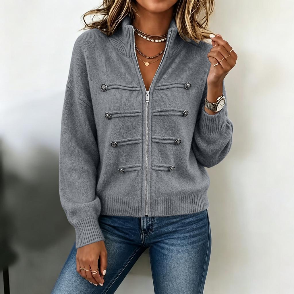 Women's Color Sweater Jacket with Stand Collar and Double Zipper for Casual Wear