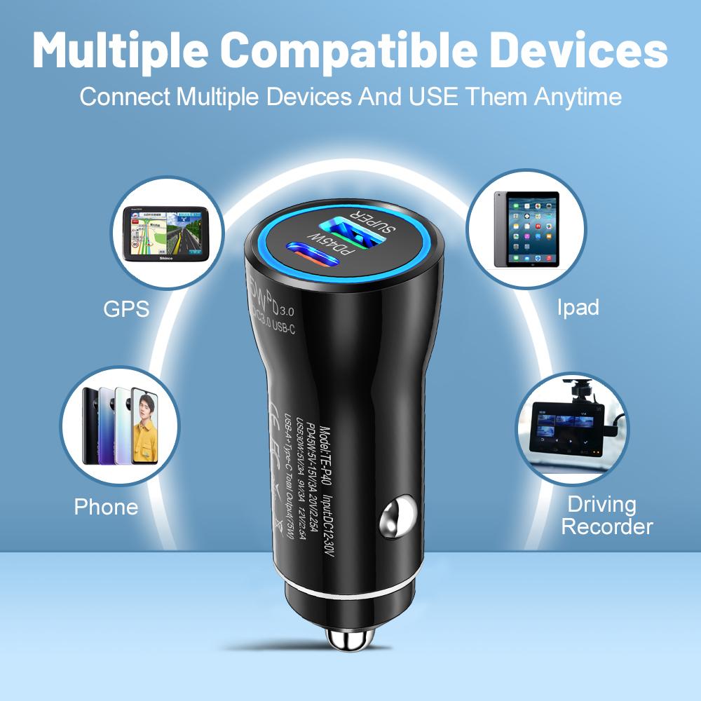 QC3.0 45W Car Charger USB Type C Dual Port Fast Charging Car Power Adapter Universal Phone For Samsung For iPhone Series ect.