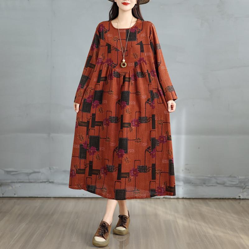 

DIMANAF 2025 Женское Весеннее Длинное Платье Большого Размера Свободное Базовое С Принтом Винтажное Повседневное Цветочное Оверсайз С Длинным Рукавом Макси One Size оранжевый