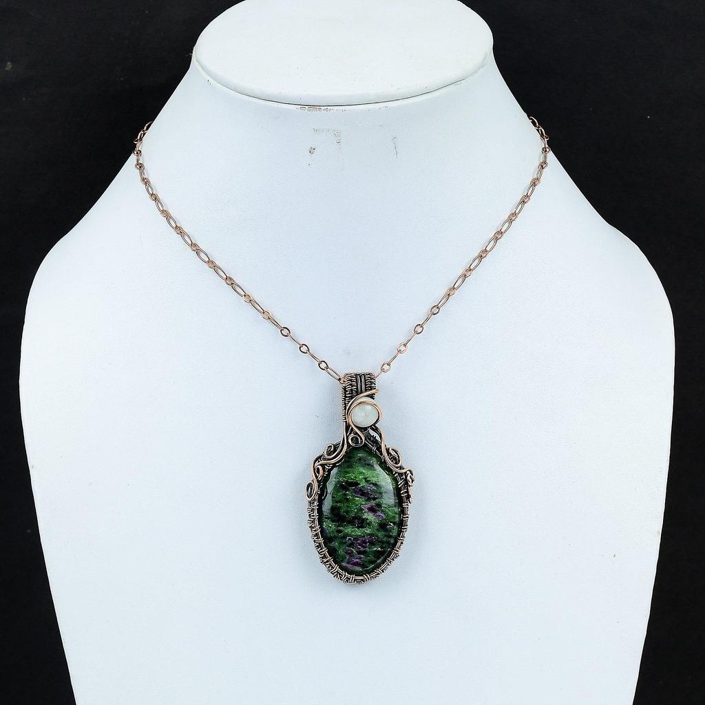 Ruby Zoisite  & Moonstone Gemstone Handmade Pure Copper Wire Wrap Jewelry Pendant For Love