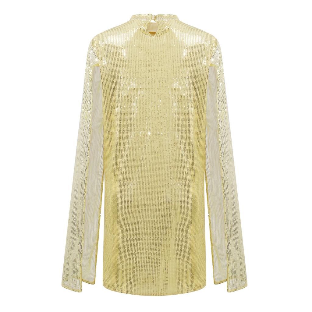 Women's Fashion Sexy Solid Stand Collar Sequin Loose Cloak Sleeve Dress