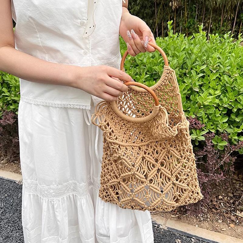New Wooden Handle Rattan Handle Solid Color Hollow Handmade Cotton Rope Woven Bag Seaside Vacation Handbag Straw Bag