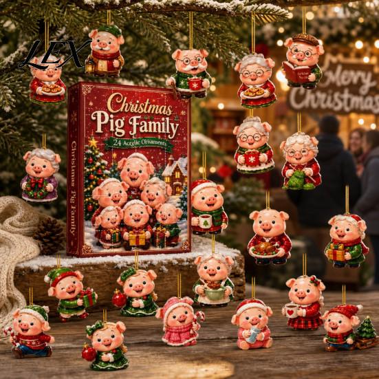 2D Acrylic Hanging Decor Piggy Family Advent Calendar, Flat 24 Days Christmas Home Ornaments, Decorative Countdown Gift Box for Holiday Party Supplies