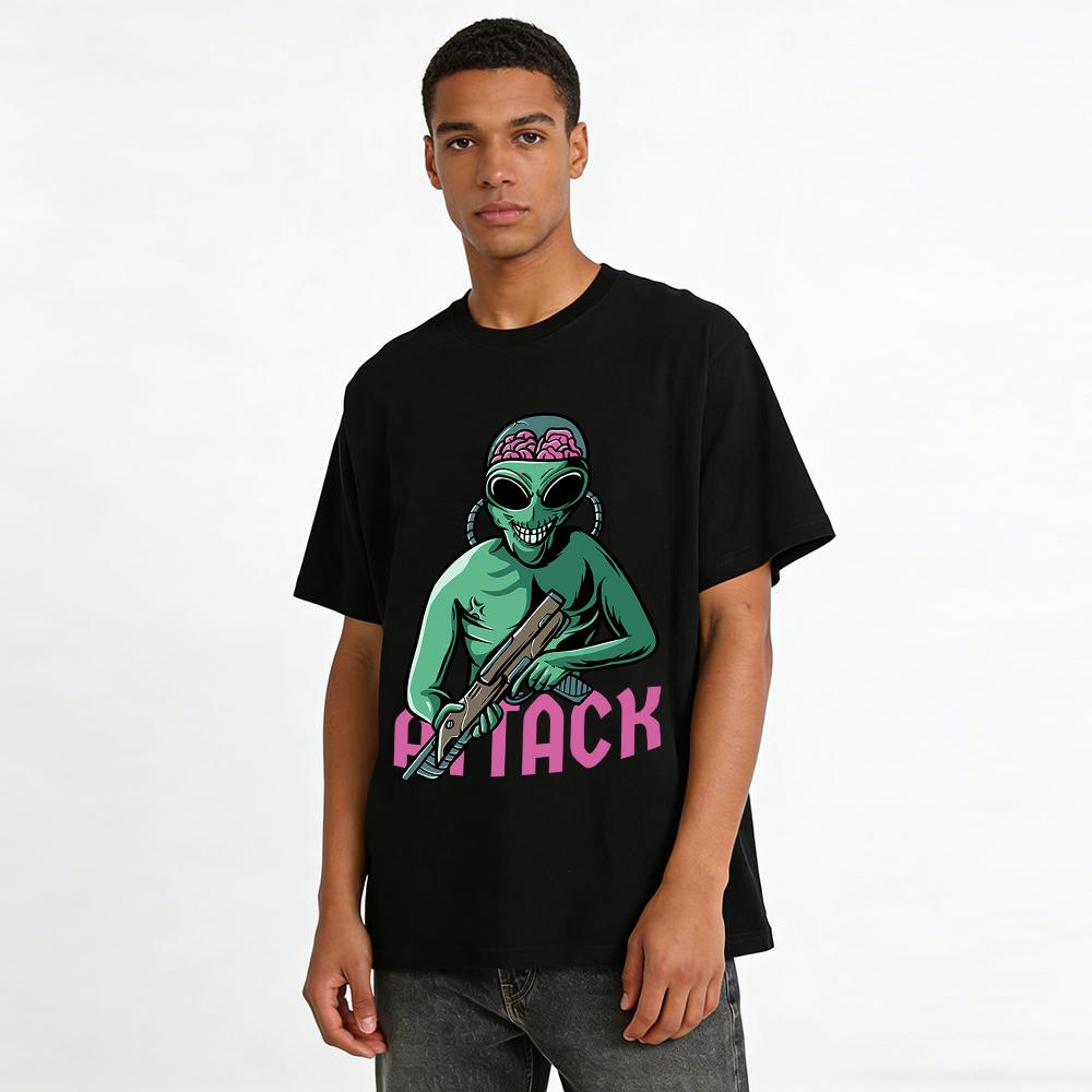 Weird Alien With Brain Print Attack Trendy Casual Short Sleeve Tee Pure Cotton T-shirt