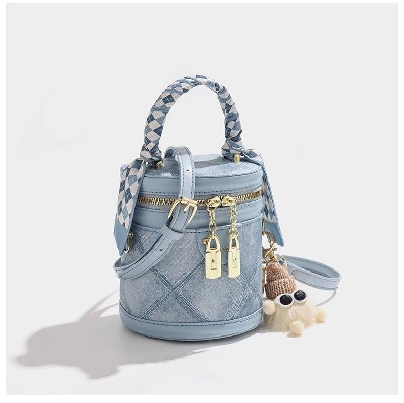 

JIAERDI Retro Quilted Ribbon Handbag Women Cylinder Patchwork Large Capacity Shoulder Bag Ladies Harajuku Fashion Crossbody Bags 11x15x11cm синій