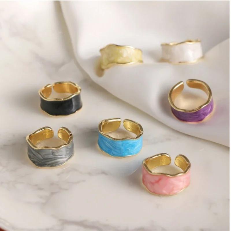 New Trendy Enamel Color Double Oil Drip Open Rings for Women Girls Luxury Irregular Adjustable Finger Ring Wedding Jewelry Gift