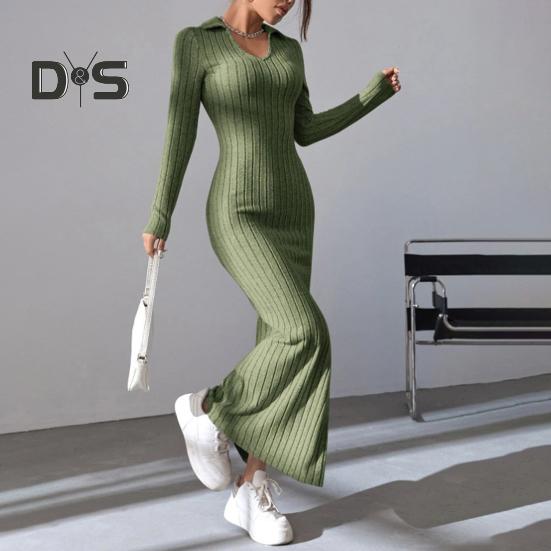 Women Spring Fall Dress V Neck Slit Hem Thread Slim Fit Long Sleeves Ankle Length Knitted Elastic Maxi Dress Shopping Dating Party Dress