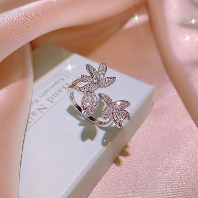 Niche Trendy Temperament  Micro Inlaid Zircon Flower Ring for Women  Fashionable  Simple  Personalized  Open Mouthed Index Finger Ring