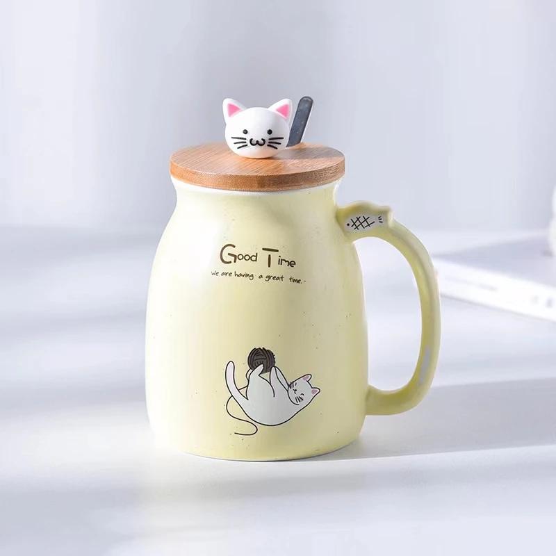 460ml Cartoon Ceramics Cat Mug with Lid and Spoon Handle Cute Cat Mug Coffee Milk Tea Mugs Breakfast Cup Drinkware Novelty Gifts